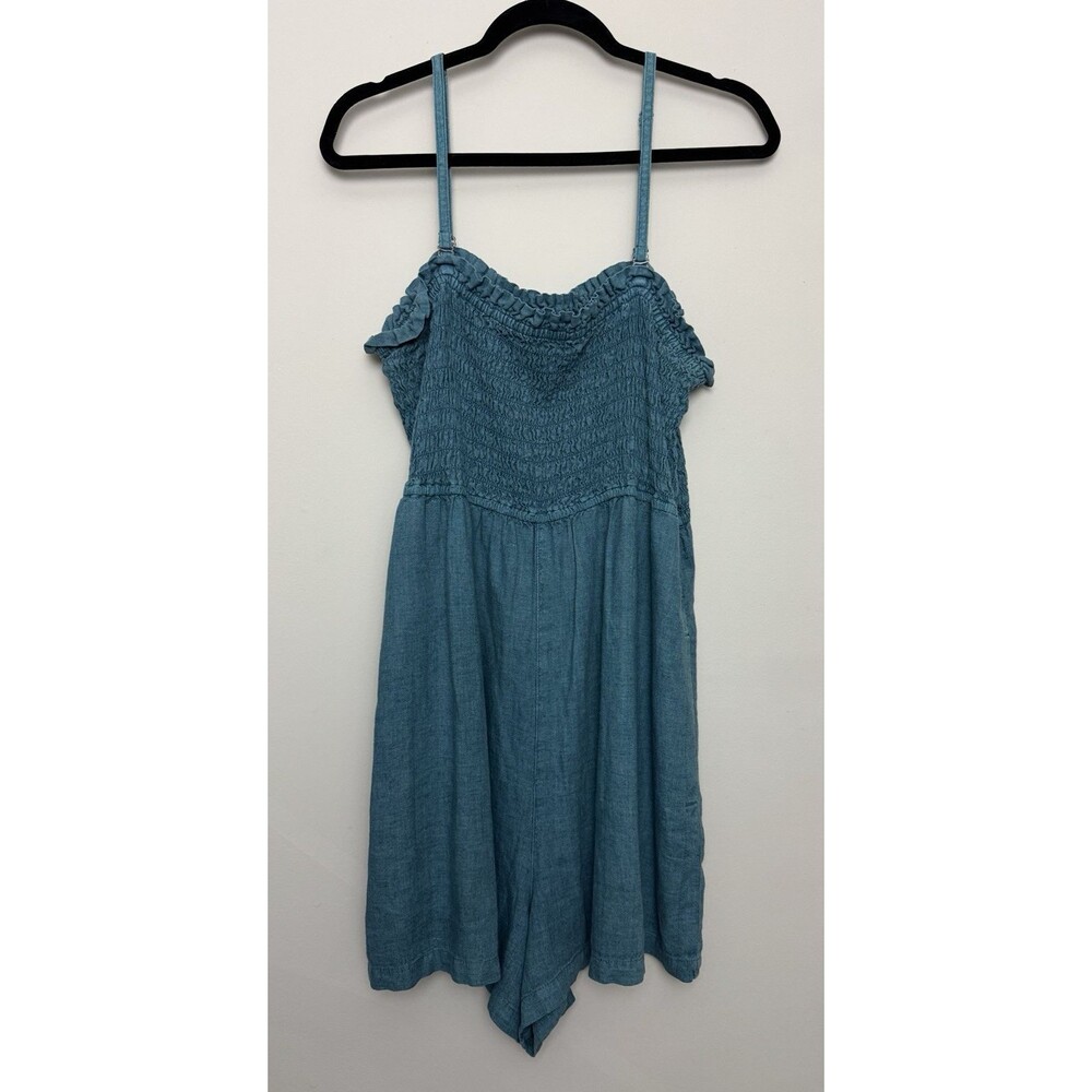 Anthropologie Pilcro Linen Romper Womens Large Blue Sleeveless Ruched One Piece - Picture 2 of 6